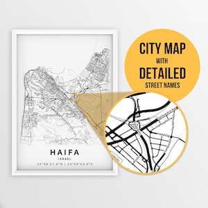 Mapa para impressão de Haifa, Israel com nomes de ruas - download instantâneo \ Mapa da cidade \ Presente de viagem \ Cartaz da cidade \ Impressão de mapa de estradas \ Arte de parede