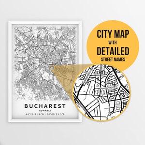 Mapa para impressão de Bucareste, Romênia com nomes de ruas - download instantâneo \ Mapa da cidade \ Presente de viagem \ Cartaz da cidade \ Impressão de mapa de estradas \ Arte de parede