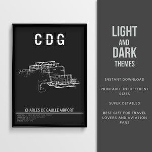 Cartel del aeropuerto CDG Paris Charles de Gaulle - Descarga instantánea \ Arte del mapa \ Mapa del aeropuerto \ Imprimible \ Regalo piloto \ Cartel de viaje de Francia