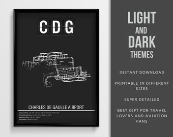 CDG Paris Charles de Gaulle Airport Poster - Instant Download \ Map Art \ Airport Map \ Printable \ Pilot Gift \ France Travel Poster