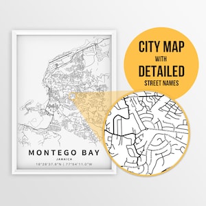 Mapa para impressão de Montego Bay, Jamaica com nomes de ruas - download instantâneo \ Mapa da cidade \ Arte de parede \ Cartaz de mapa