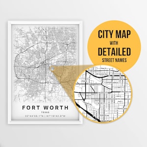Puede incluir: Un mapa de la ciudad de Fort Worth, Texas, en blanco y negro, con nombres de calles detallados. El mapa está enmarcado en un marco blanco y tiene un círculo amarillo que destaca el centro de la ciudad.