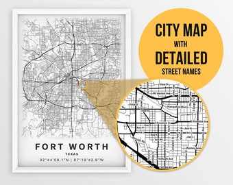 Printable Map of Fort Worth, Texas, USA with Street Names - Instant Download \ City Map \ Travel Gift \ City Poster \ Road Map Print