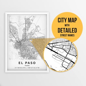 Printable Map of El Paso, Texas, USA with Street Names - Instant Download \ City Map \ Travel Gift \ City Poster \ Road Map Print \ Wall Art