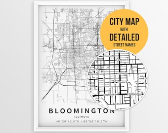 Bloomington Illinois Map with Street Names, Printable Bloomington City Poster (Instant Download)