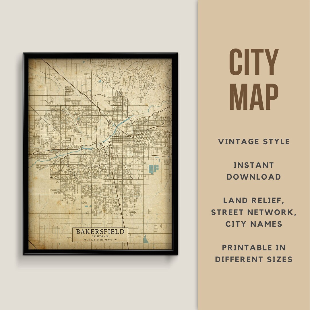 Printable Vintage Style Map of Bakersfield, California - Instant ...