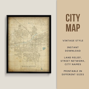 Mappa stampabile in stile vintage di Bakersfield, California - Download istantaneo \ Mappa stradale \ Arte della parete \ Poster della mappa \ Stile antico \ Stampa mappa