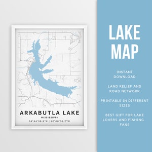 Mapa imprimible del lago Arkabutla, Mississippi, EE. UU. - Descarga instantánea \ Mapa del lago \ Cartel de pesca \ Decoración de la casa del lago \ LakeLife \ Paseos en bote