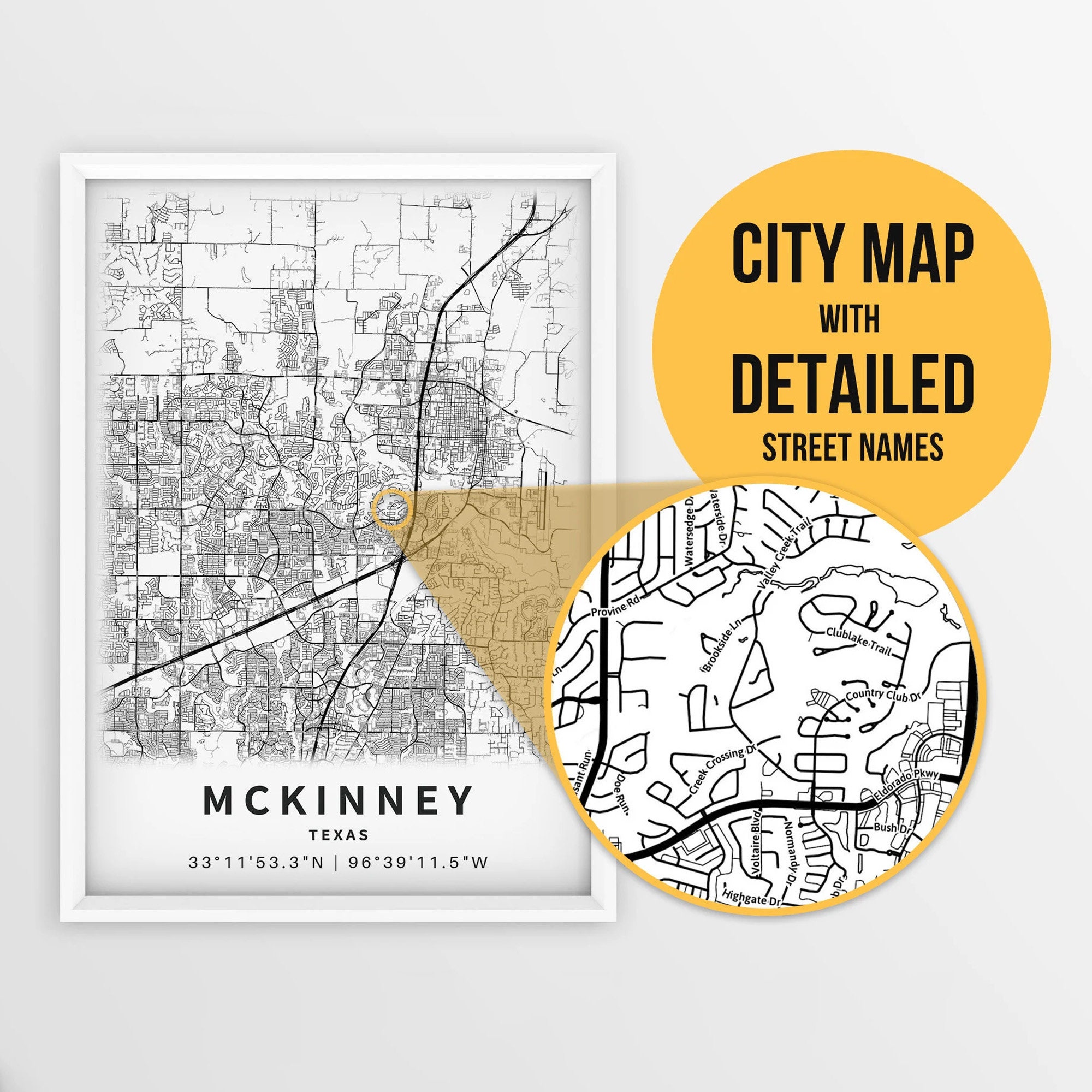Printable Map of McKinney, Texas, USA with Street Names - Instant Download \ City Map \ Travel Gift \ City Poster \ Road Map Print