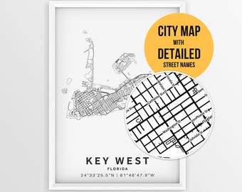 Key West Florida Map with Street Names, Printable Key West City Poster (Instant Download)