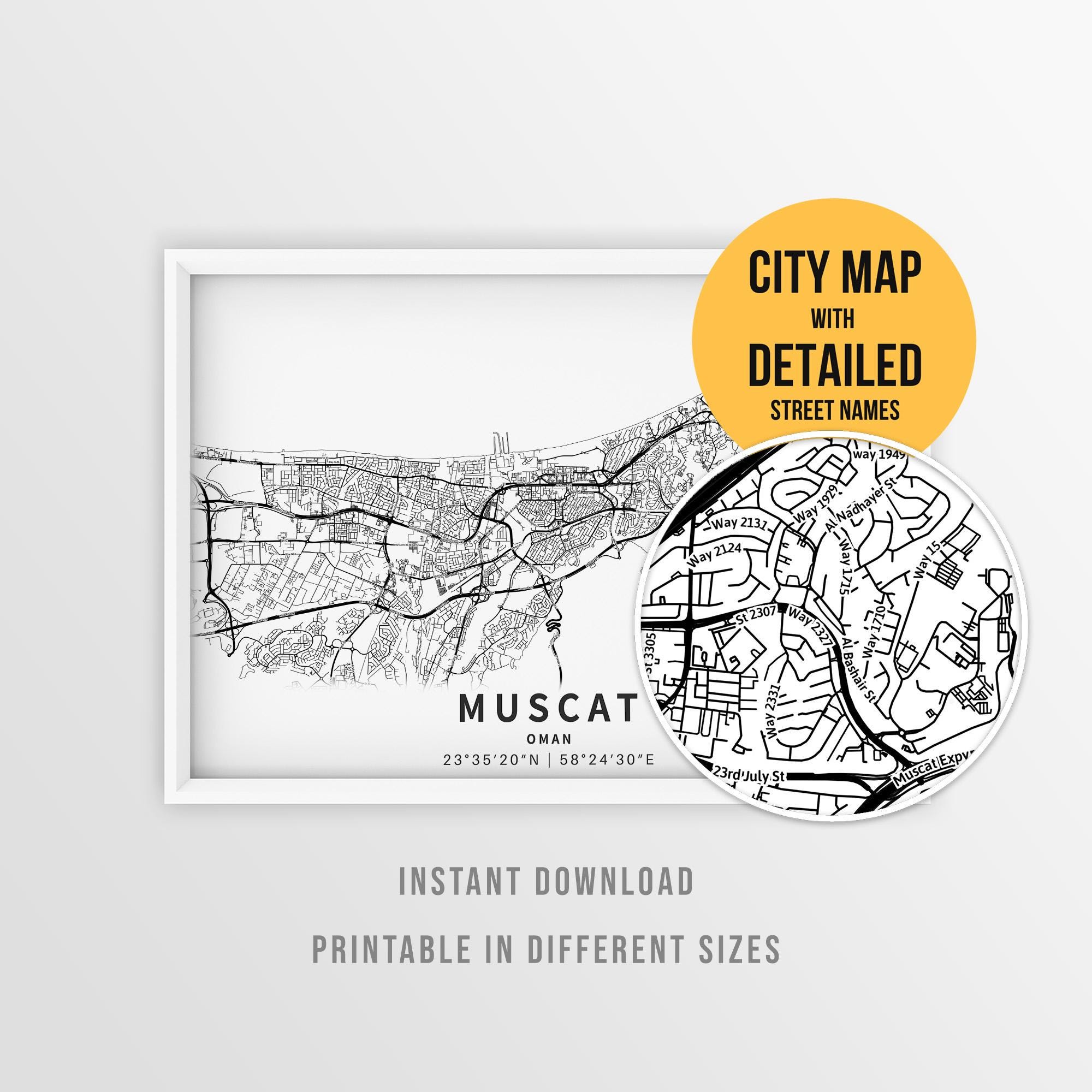 Muscat Oman Map With Street Names, Printable Muscat City Poster