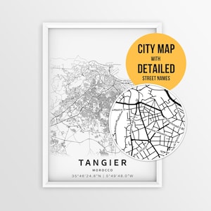Plattegrond van Tanger, Marokko met straatnamen, printbare poster van de stad Tanger (direct te downloaden)
