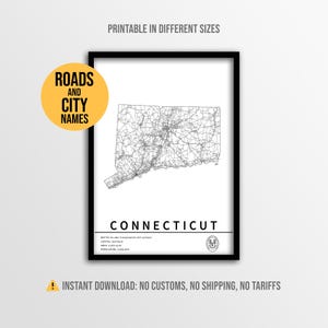 Connecticut State Map Poster, Printable USA Road Map with City Names (Instant Download)