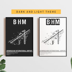 May include: Two printable posters with a dark and light theme. The posters feature a black and white airport layout diagram for Birmingham International Airport (BHM) with the airport code displayed in a flip-style display.