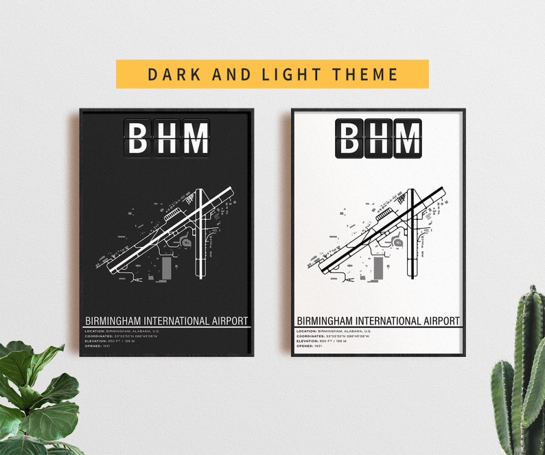 May include: Two printable posters with a dark and light theme. The posters feature a black and white airport layout diagram for Birmingham International Airport (BHM) with the airport code displayed in a flip-style display.
