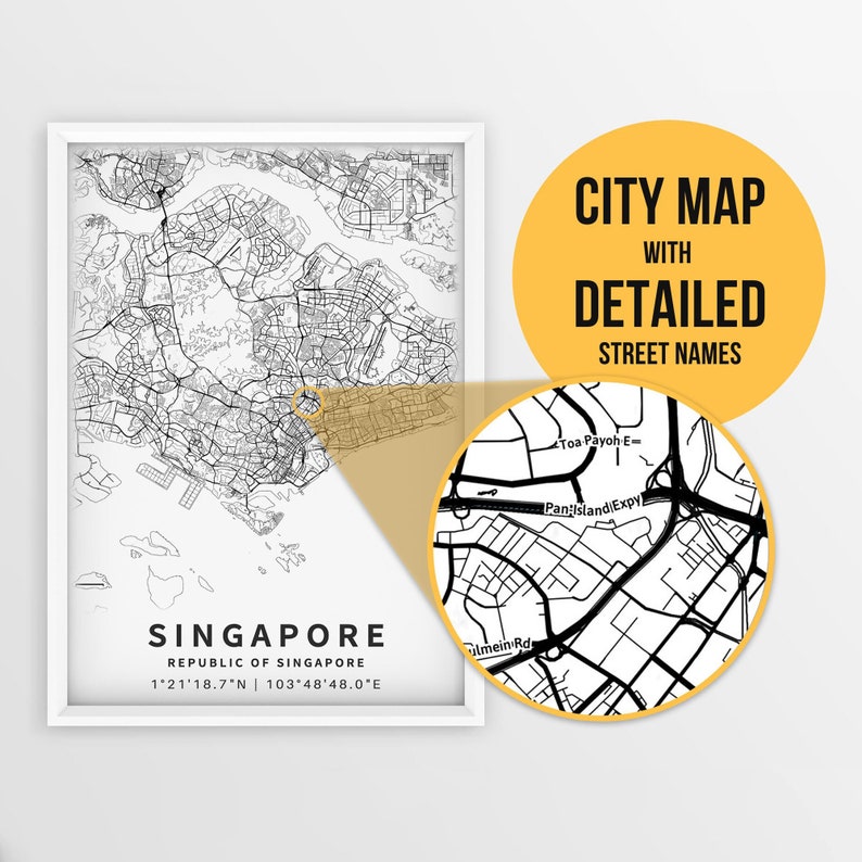 Carte imprimable de Singapour avec noms de rues - Téléchargement instantané \ Plan de la ville \ Cadeau de voyage \ Affiche de la ville \ Impression de carte routière \ Plan de rue image 1