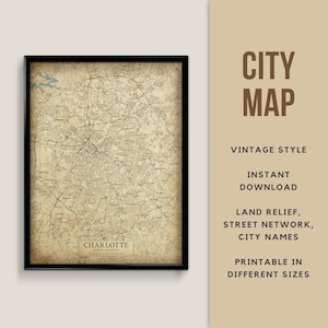 Vintage Stil Karte von Charlotte, North Carolina - Vintage Stil Maps - sofortiger Download ~ Strassenkarte ~ Wand Kunst ~ Poster ~ Vintage Stil ~ Karte Print