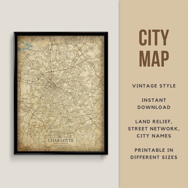 Printable Vintage Style Map of Charlotte, North Carolina - Instant Download \ Street Map \ Wall Art \ Map Poster \ Antique Style \ Map Print