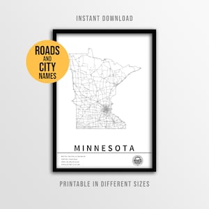 Pôster com mapa do estado de Minnesota, mapa rodoviário imprimível com nomes de cidades (download instantâneo)