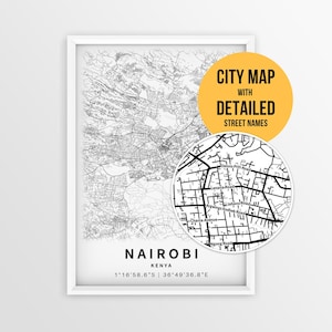 Karta över Nairobi, Kenya med gatunamn, utskrivbar affisch över Nairobi (nedladdning direkt) bild 1