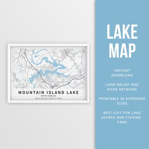 Mapa imprimible de Mountain Island Lake, Carolina del Norte - Descarga instantánea \ Mapa del lago \ Cartel del mapa \ Lake House \ LakeLife \ Pesca \ Paseos en bote