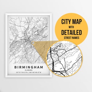 Carte imprimable de Birmingham, Alabama, États-Unis avec les noms des rues - téléchargement immédiat \ plan de la ville \ cadeau de voyage \ affiche de la ville \ impression de carte routière