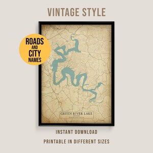 Puede incluir: Un mapa enmarcado de estilo vintage del lago Green River en Kentucky, con carreteras, nombres de ciudades y un lago de color verde azulado. El mapa está en un marco negro con el texto "Vintage Style", "Instant Download" y "Printable in Different Sizes".