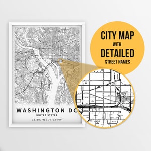 Mapa imprimível de Washington DC, EUA com nomes de ruas - Download instantâneo \ Mapa da cidade \ Presente de viagem \ Pôster da cidade \ Impressão de mapa rodoviário \ Mapa de ruas