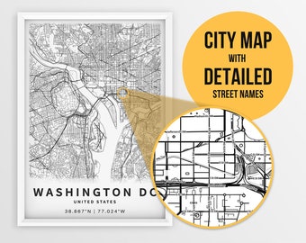 Printable Map of Washington DC, USA with Street Names - Instant Download \ City Map \ Travel Gift \ City Poster \ Road Map Print\ Street Map