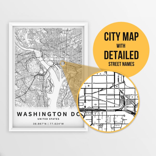 Printable Map of Washington DC, USA with Street Names - Instant Download \ City Map \ Travel Gift \ City Poster \ Road Map Print\ Street Map