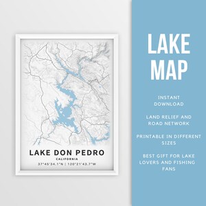 Mapa imprimible del lago Don Pedro, California, EE. UU. - Descarga instantánea \ Mapa del lago \ Cartel del mapa \ Decoración de la casa del lago \ LakeLife \ Pesca \ Paseos en bote