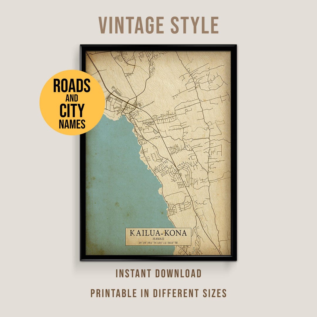 Kailua-kona, Big Island Hawaii Vintage Style Map, Printable Hawaii