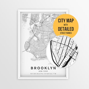 May include: A framed black and white map of Brooklyn, New York, featuring detailed street names and coordinates. A circular inset highlights specific streets like 82nd St and 92nd St. The text reads CITY MAP WITH DETAILED STREET NAMES.