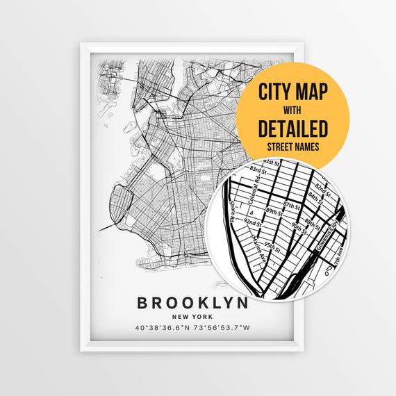 Brooklyn Map with Street Names, Printable New York City Poster (Instant Download)