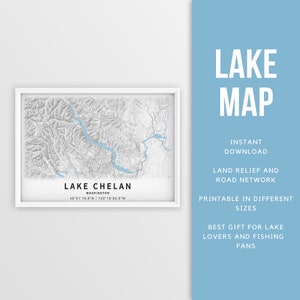 Afdrukbare kaart van Lake Chelan, Washington, VS - Instant Download \ Lake Map \ Map Poster \ Lake House Decor \ LakeLife \ Fishing \ Varen