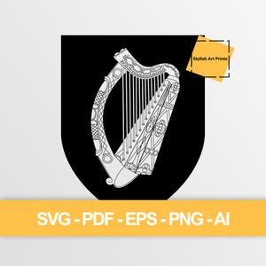 Könnte beinhalten: Eine weiße Harfenillustration auf einem schwarzen Schild. Die Harfe ist mit dekorativen Elementen und Saiten versehen. Das Bild enthält den Text "Stylish Art Prints" und "SVG - PDF - EPS - PNG - AI" auf einem gelben Banner.