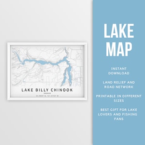 Mapa imprimible del lago Billy Chinook, Oregón, EE. UU. - Descarga instantánea \ Mapa del lago \ Cartel del mapa \ Decoración de la casa del lago \ LakeLife \ Pesca \ Paseos en bote