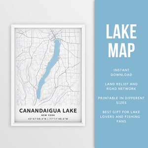 Mapa imprimible del lago Canandaigua, Nueva York, EE. UU. - Descarga instantánea \ Mapa del lago \ Cartel del mapa \ Decoración de la casa del lago \ LakeLife \ Pesca \ Paseos en bote