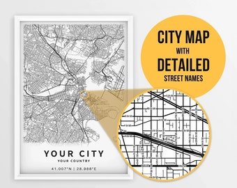 Mapa personalizado de tu ciudad, cualquier pueblo con nombre de calle - Descarga digital \ Mapa de ciudad personalizado \ Póster de mapa \ Mapa imprimible