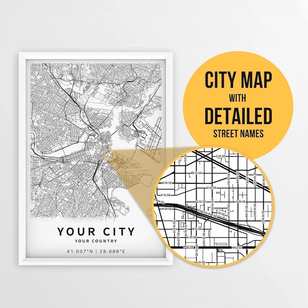 Custom Map of Your City, Any Town with Street Name - Digital Download \ Personalized City Map \ Map Poster \ Printable Map