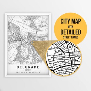 Mapa para impressão de Belgrado, Sérvia com nomes de ruas - download instantâneo \ Mapa da cidade \ Presente de viagem \ Cartaz da cidade \ Impressão de mapa de estradas \ Arte de parede