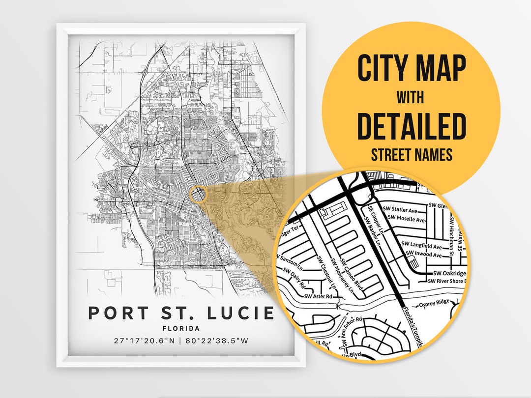 Printable Map Port St. Lucie FL Florida USA With Street Etsy