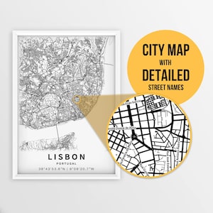 Afdrukbare kaart van Lissabon, Portugal met straatnamen - Instant Download \ Stadsplattegrond \ Reiscadeau \ Stadsposter \ Wegenkaart afdrukken \ Stratenplan