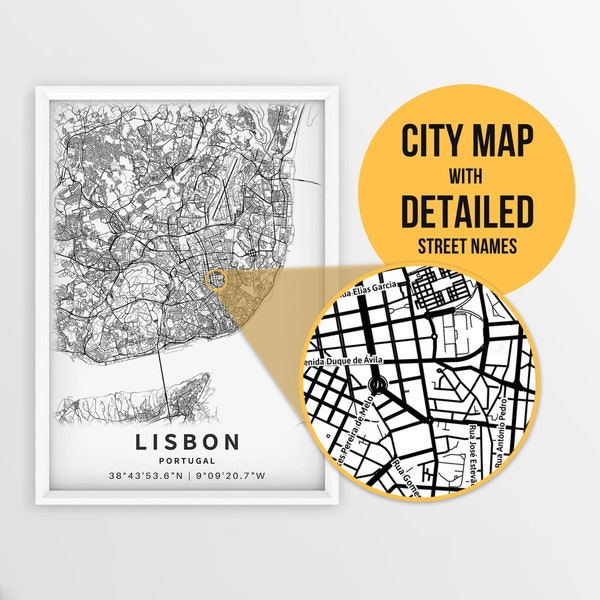 Printable Map of Lisbon, Portugal with Street Names - Instant Download \ City Map \ Travel Gift \ City Poster \ Road Map Print \ Street Map