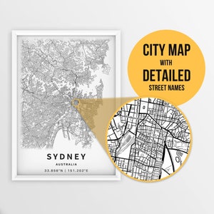 Mapa para impressão de Sydney, Austrália com nomes de ruas - download instantâneo \ Mapa da cidade \ Presente de viagem \ Cartaz da cidade \ Impressão de mapa de estradas \ Mapa de ruas