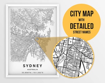 Printable Map of Sydney, Australia with Street Names - Instant Download \ City Map \ Travel Gift \ City Poster \ Road Map Print \ Street Map