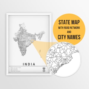 Carte imprimable de l'Inde avec les noms des villes et des routes - Téléchargement immédiat \ Carte du pays \ Art de la carte \ Planificateur de voyage \ Carte à épingles \ Cadeau de l'Inde