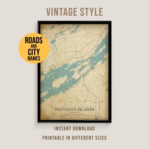 Mapa vintage de las Mil Islas, Ontario. Póster imprimible del río San Lorenzo (descarga instantánea).