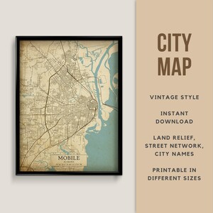 Printable Vintage Style Map of Mobile, Alabama, USA - Instant Download \ Street Map \ Map Poster \ Antique Style \ Map Print \ Alabama Gift