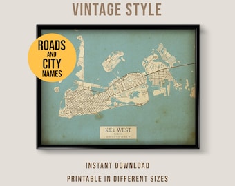 Key West, Florida Vintage Style Map, Printable Florida Coastal Wall Art Poster (Instant Download)